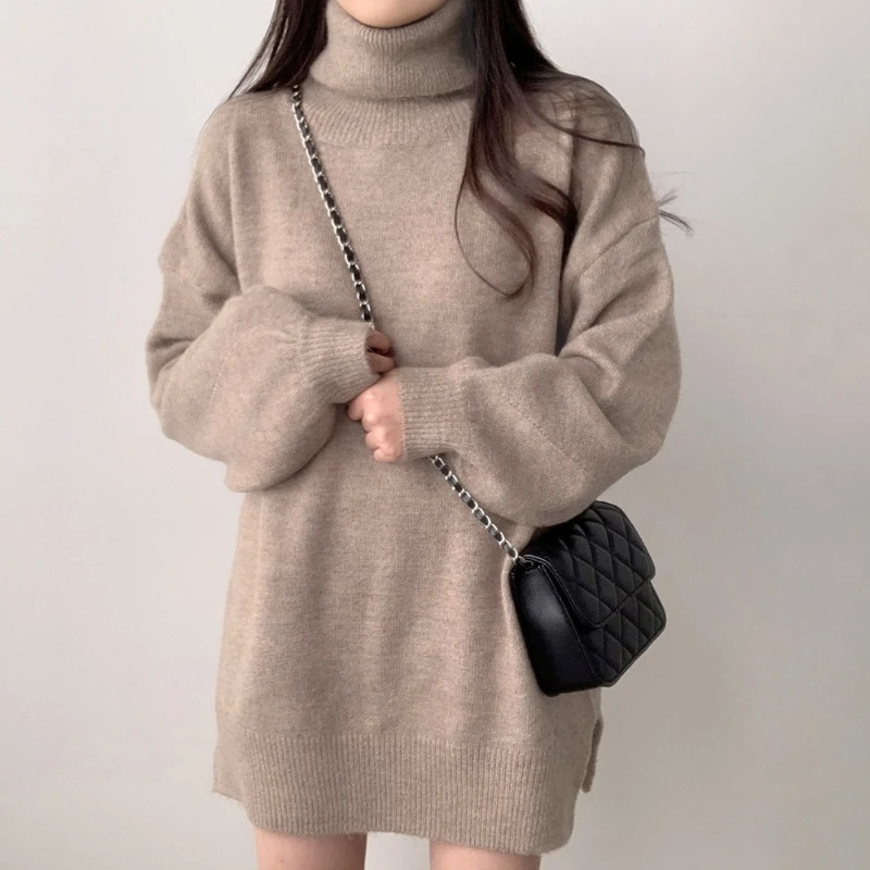 

REALEFT осенне-зимние вязаные женские водолазки с пышными рукавами, новинка 2025 года, повседневные свободные корейские пуловеры с разрезом по бокам, топы