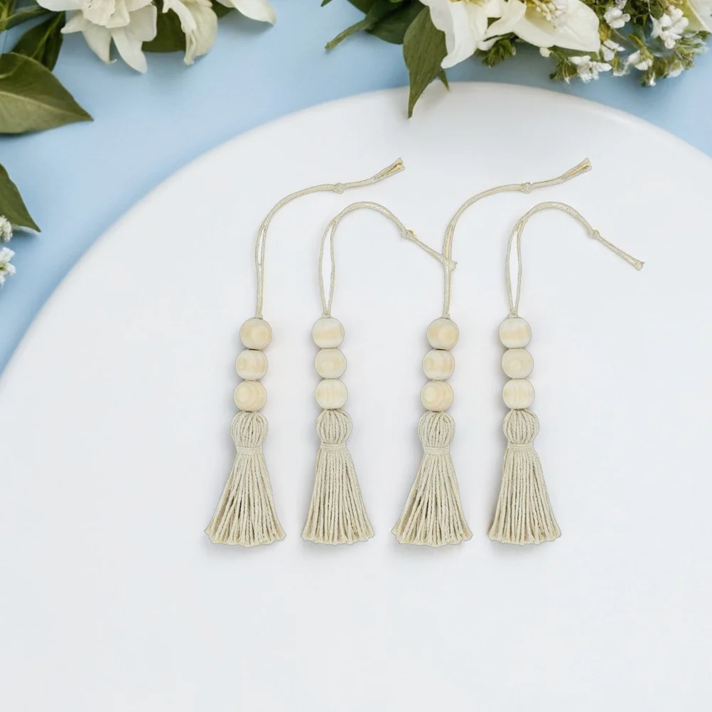 

8Pcs Wood Beads Tassel Ornaments Handmade Cotton String Closet Door Handle Decor Backpack Keychain Curtain Decoration