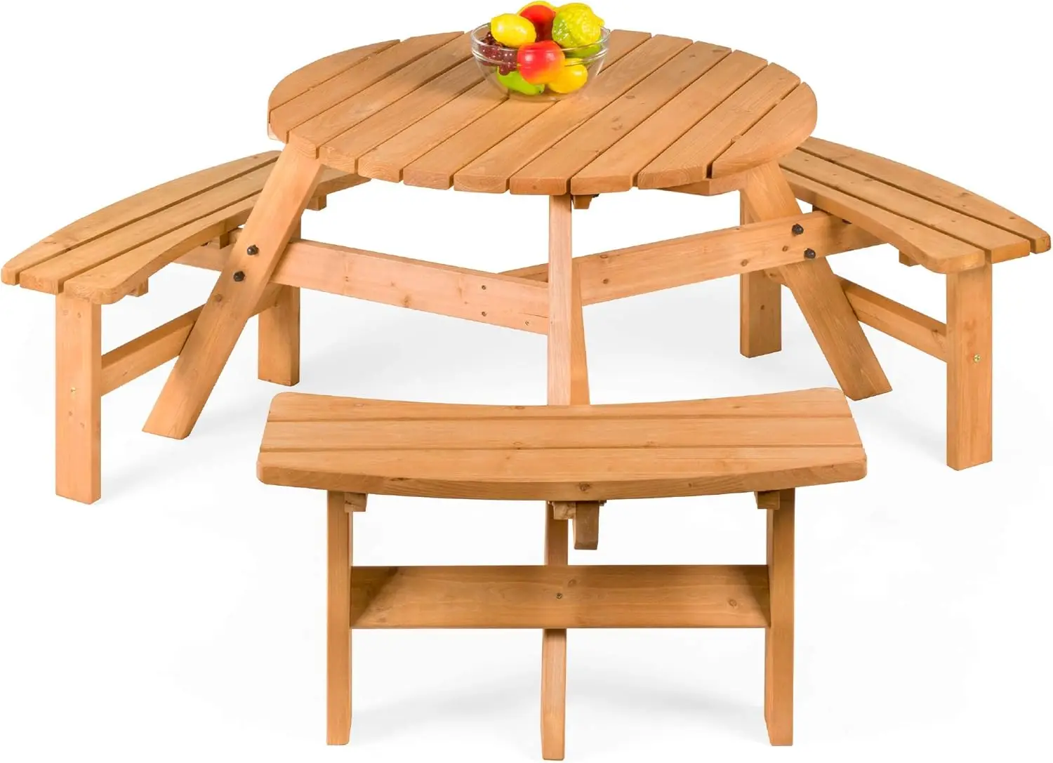 6-Person Circular Outdoor Wooden Picnic Table for Patio, Backyard, Garden, DIY w/ 3 Built-in Benches, 500lb Capacity - Natural