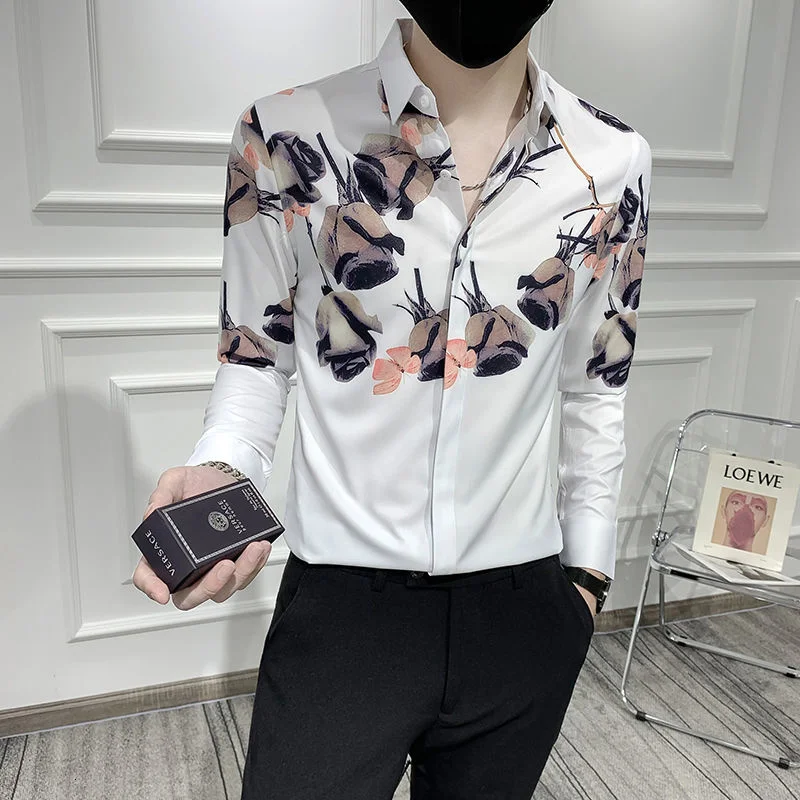 Floral Korean 2023 가을 셔츠 슬림핏 캐주얼 남성 소셜 셔츠 긴 소매 나이트 클럽 Camisa Masculina Luxury Men Flower Shirt