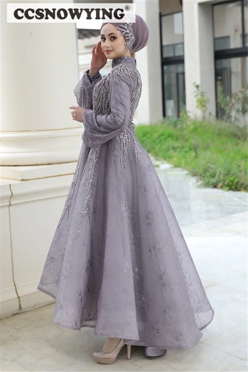 Lace Beaded Muslim Hijab Evening Dresses Long Sleeve Islamic Prom Dress Women Formal Party Gown Arabic Dubai Robe De Soiree