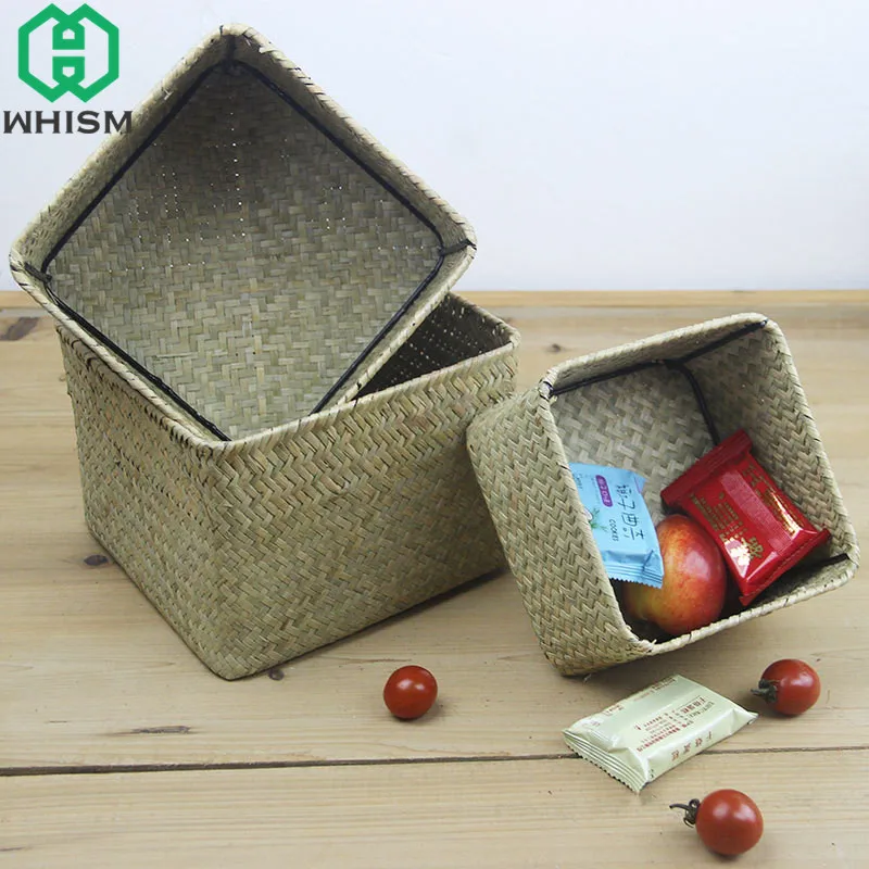 Woven Storage Basket Natural Straw Baskets Desktop Sundries Organizer Sqaure Shape Container for Office Home Decor