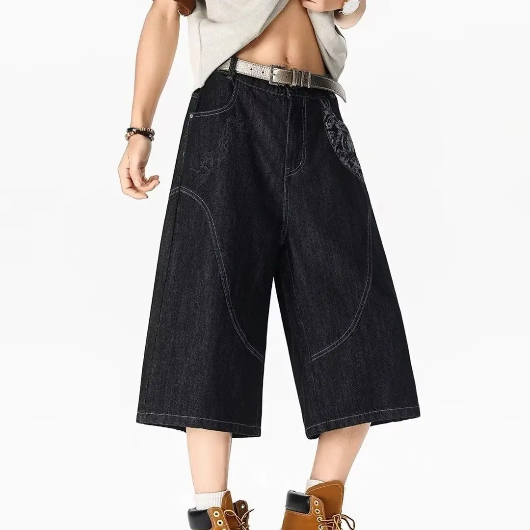 Men's Pocket Pattern Design Boys Summer Shorts Unisex Sweatpants Mini Pants Wide Leg Casual Bottom Male Calf-length Trousers