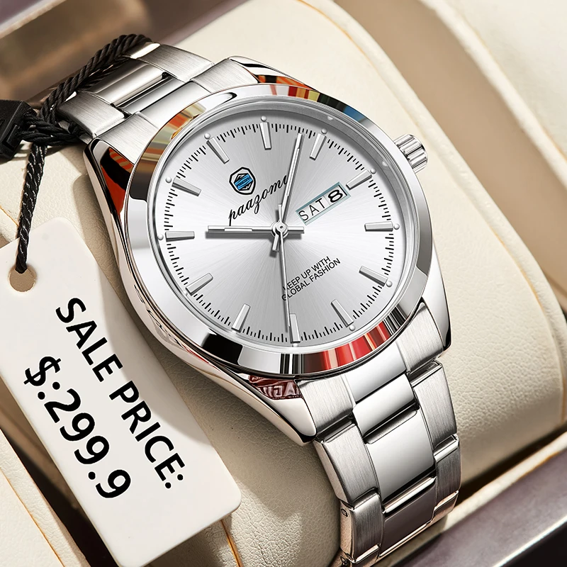 PAAZOMU Orologio da uomo di marca di moda impermeabile luminoso orologi in acciaio inossidabile per uomo data settimana orologio da uomo al quarzo casual Reloj