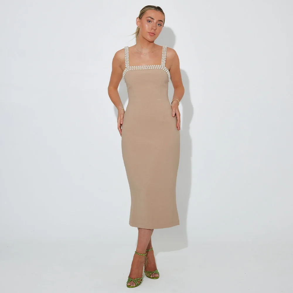 

Champagne Evening Party Dresses for Women Pearls Straps Column Party Gowns Midi Sleeveless Tea Length Short Cocktail Dress 2024