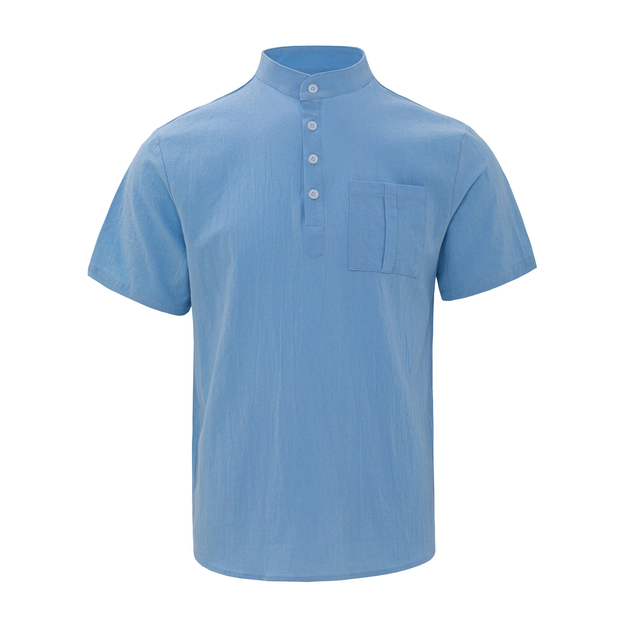 

Men's 100% cotton solid color shirt with chest pocket, casual stand-up collar, half-button short sleeves, fashionable
