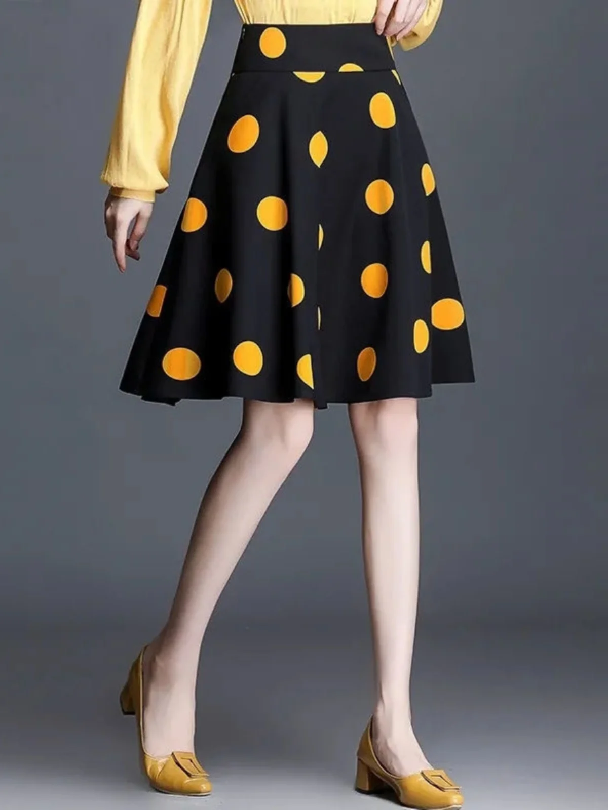 Pocket Polka Dot Full Skirt Women\'s Elegant Simple A-Line Midi Skirt Summer Autumn Fashionable Swing Skirt Casual Wear