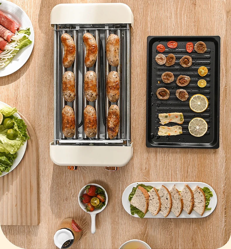 Multifunctional automatic three-in-one small sausage grill machine with baking pan and grilling net
