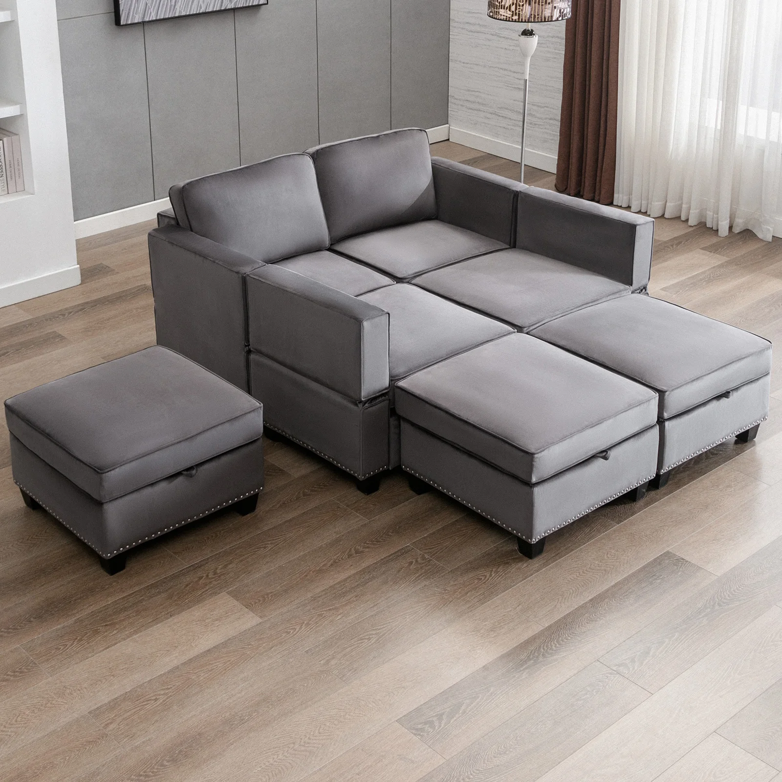 HORGAEO Sectional Sofa, 4 Seat Modular Comfy Couch with 3 Storage Ottomans, Convertible L Shaped U Shaped