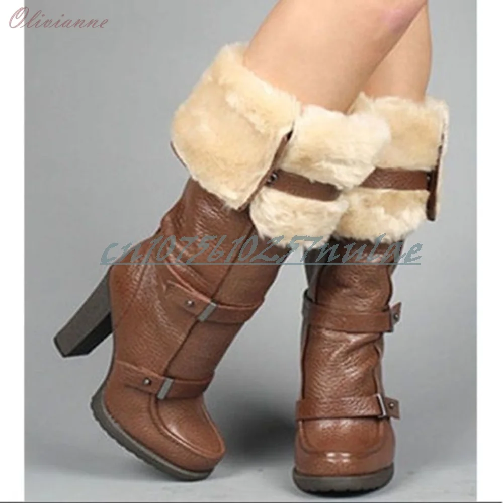 Outono cinta de pele marrom meados de bezerro botas fivela cintos decoração grosso salto alto festa moda feminina sapatos sexy 2026 quente para mujere