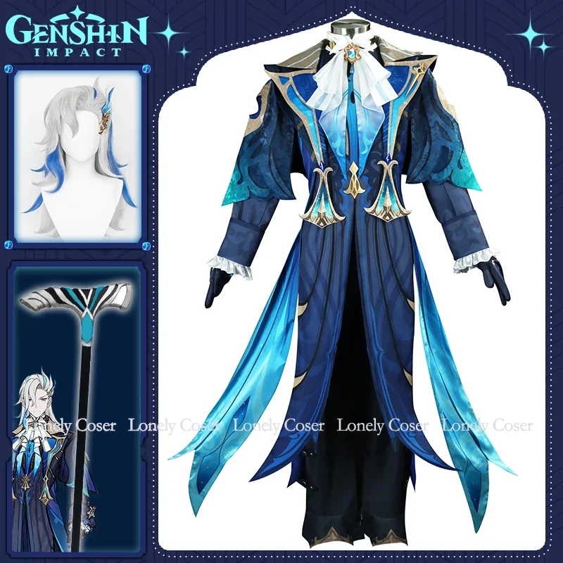 Genshin Impact Neuvillette Cosplay Costume Wig Uniform Cane Headwear Cloak Gloves Chief Justice Fontaine Halloween Party Uniform