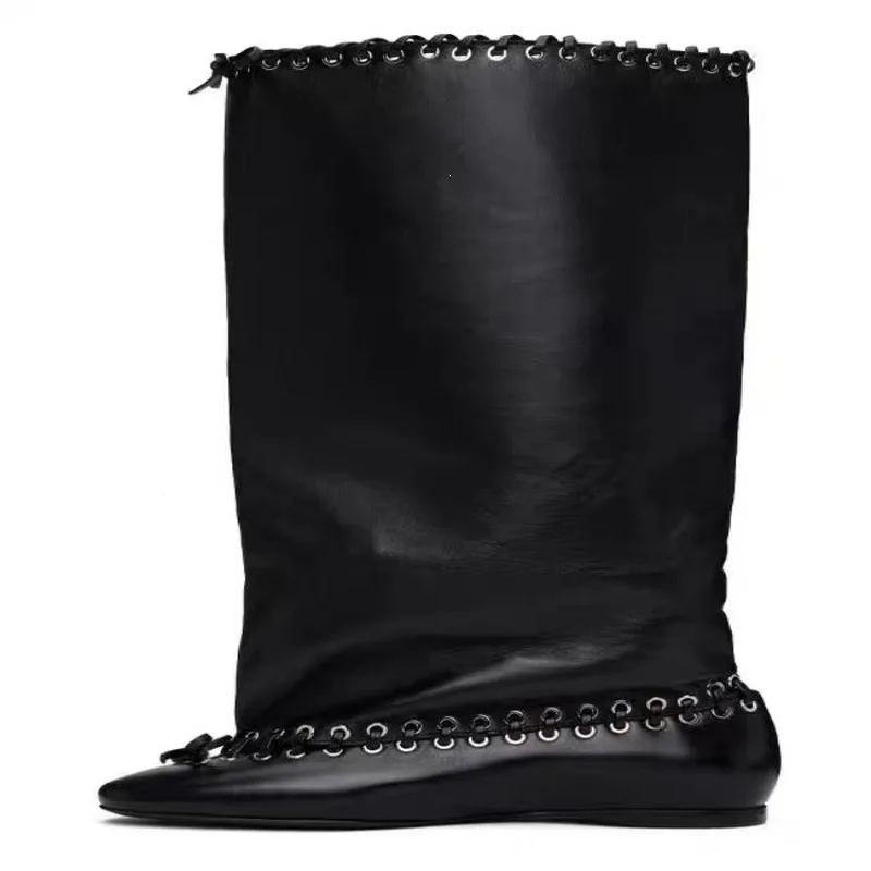 Botas altas hasta la rodilla de caña ancha para mujer, con parte superior de tela elástica, punta puntiaguda y correa decorativa, botas de pasarela de moda, zapatos para mujer F570