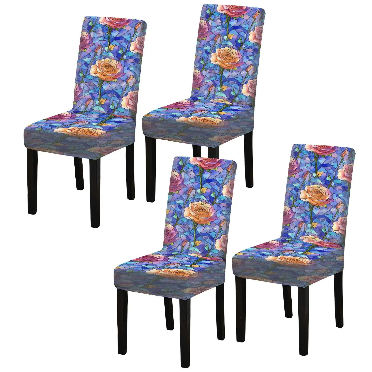 Stretch Dining Chair Cover Colored Rose Glass Craft Art Deco Diagram Detachable Home Dining Chair Protective Cover