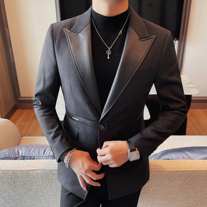 High Quality PU Splicing Closure-collar Suit Jackets Men Slim Casual Business Blazers Wedding Social Banquet Party Tuxedo Coat