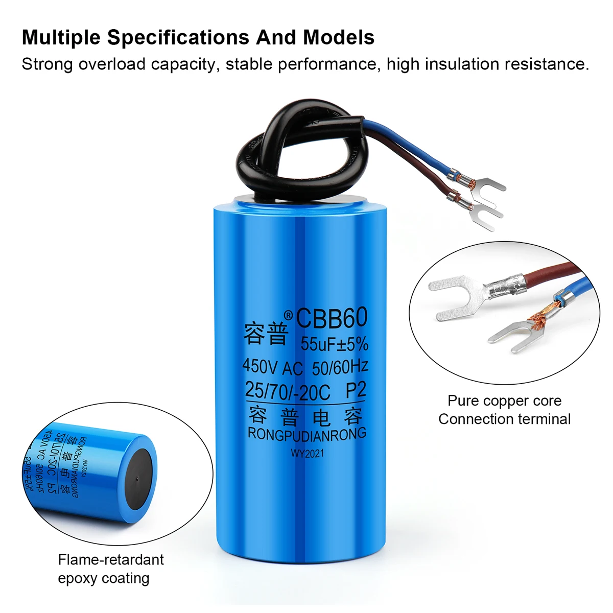 1Pcs CBB60 Motor Run Capacitor 450V AC Starting Capacitors 345681012141516182025303540457080100UF For Washing Machine