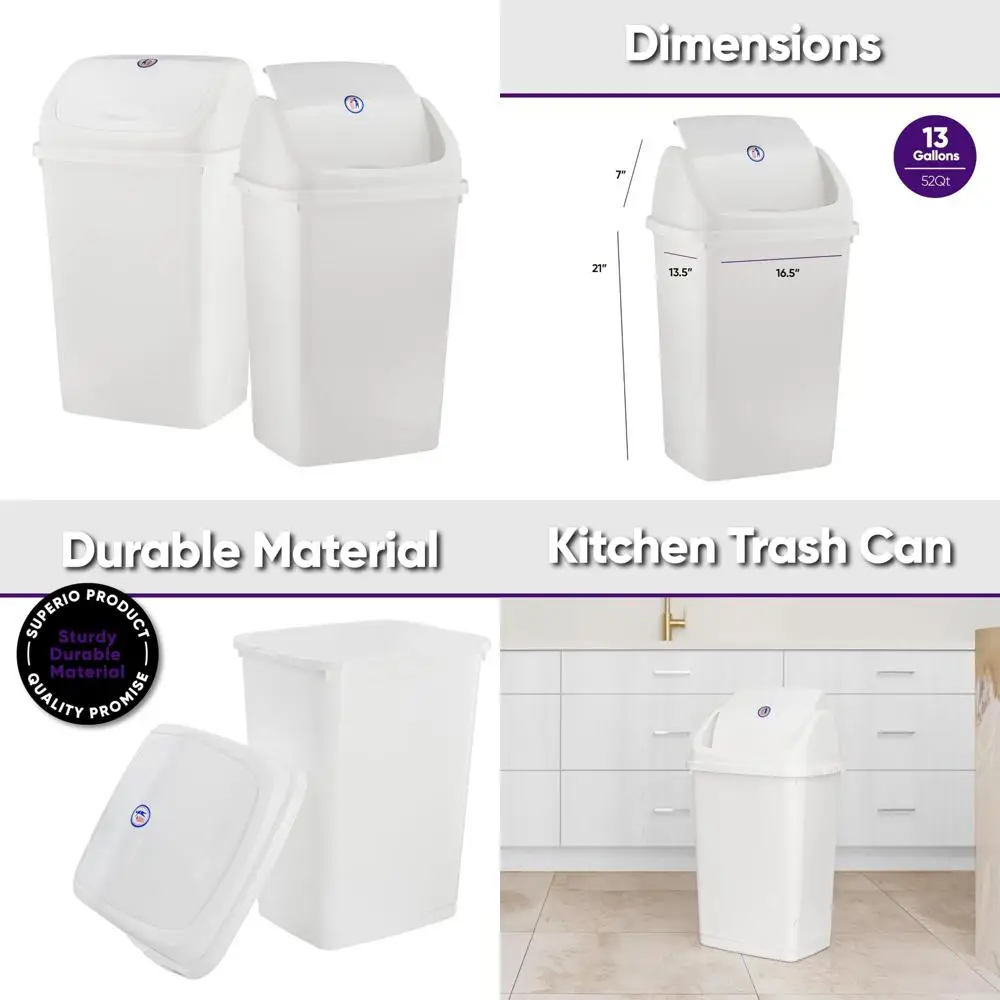 

13 Gallon Swing-Lid Plastic Trash Can for Outdoor and Indoor Use, Large 52 Qt Recycle Bin and Waste Basket