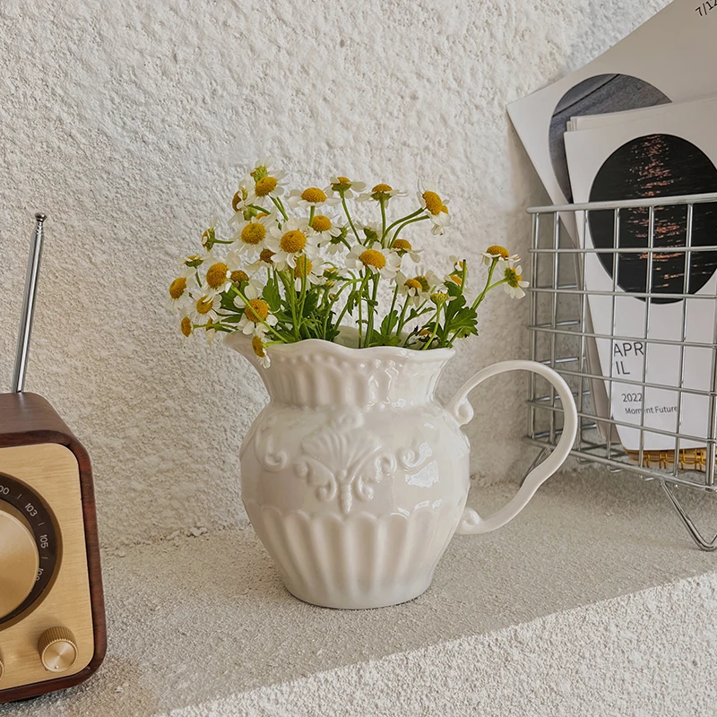 CuteLife Nordic White Relief Ceramic Flower Vase Vintage Home Decoration Milk Jug Porcelain Living