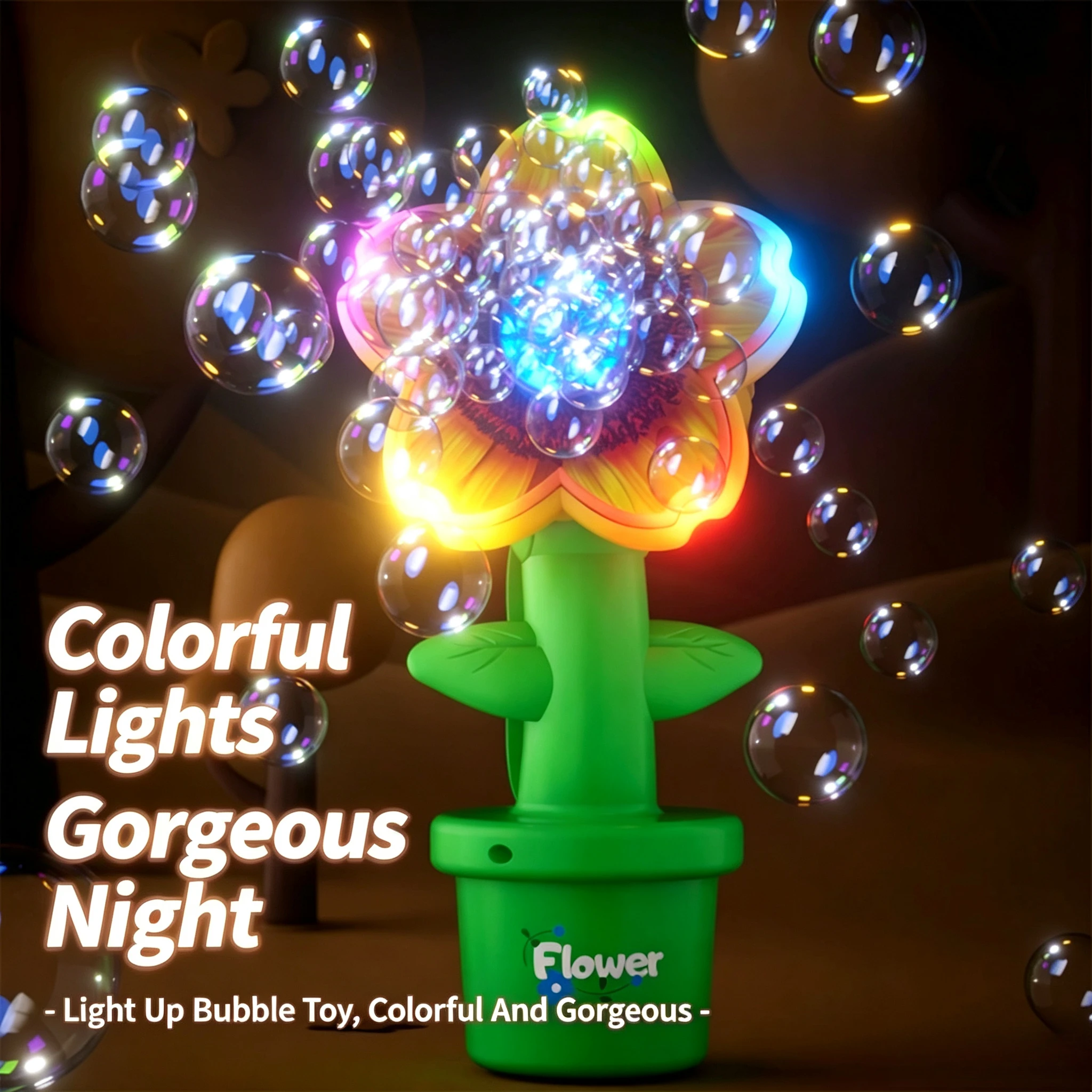 Handheld Sunflower Bubble Machine Automatic Flower Bubble Blaster Toy with Colorful LED Lights Kids Outdoor Party Play Toy Gift