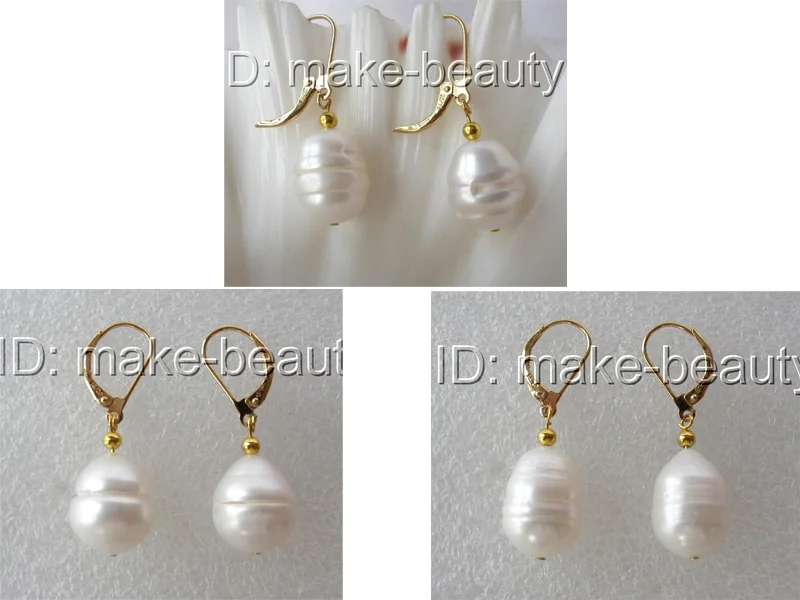 Impresionantes pendientes colgantes con perlas de agua dulce cultivadas, de color blanco barroco y de gran tamaño (16 mm), con baño de oro de 14 quilates, modelo h1228.
