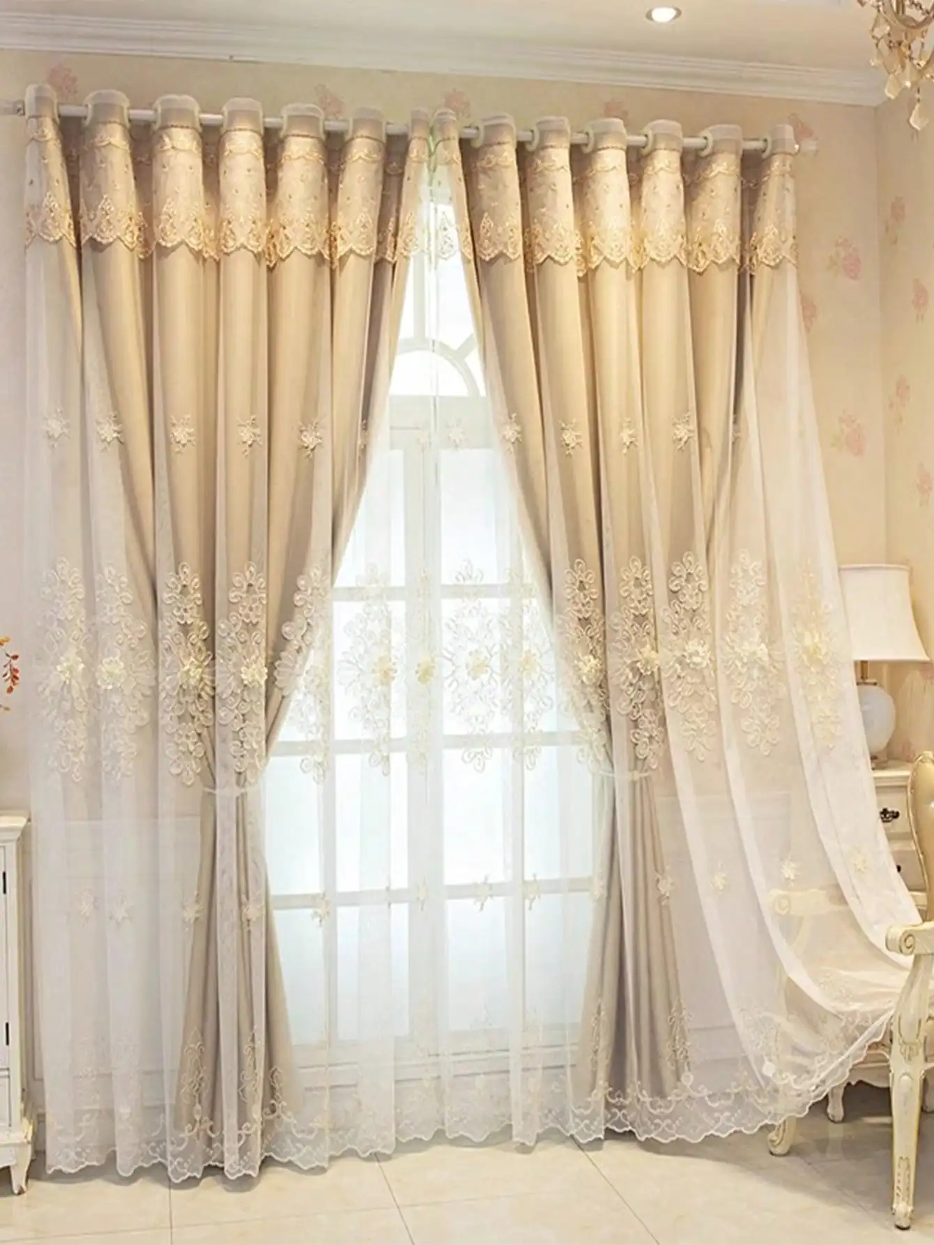 New embroidered curtains, fabric and gauze integrated double-layer bay window, living room, bedroom, pastoral style curtain