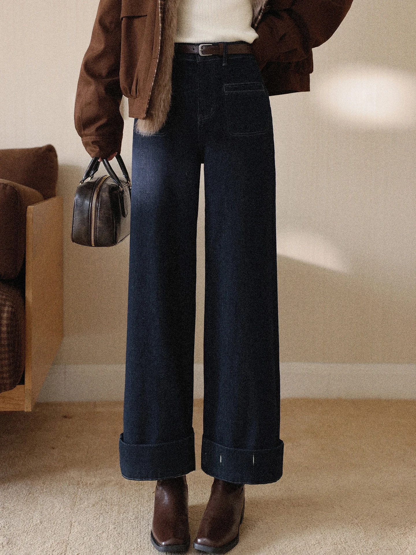 

Женские джинсы Ele с высокой талией, прямые, синие, свободные, широкие, длинные брюки для повседневной носки, зимние, модные