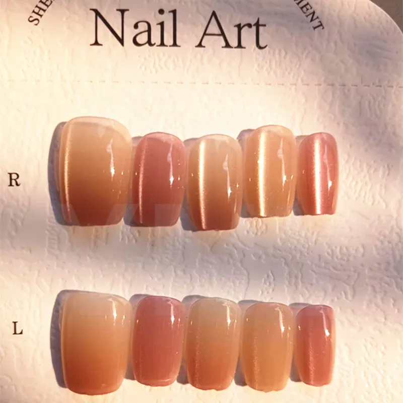 

10 pieces of short handmade shallow sunset style pressure nail cat eye pure ballet decoration wearable fake nails complete set o