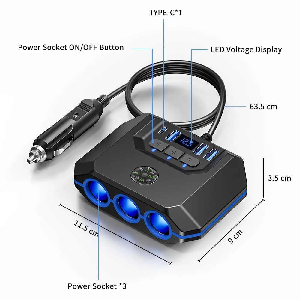 7-in-1 Zigarettenanzünder-Verteiler 120W 3-Port Auto-Ladegerät Adapter USB PD Stromanschluss mit EIN/AUS-Schaltern – Detail 8