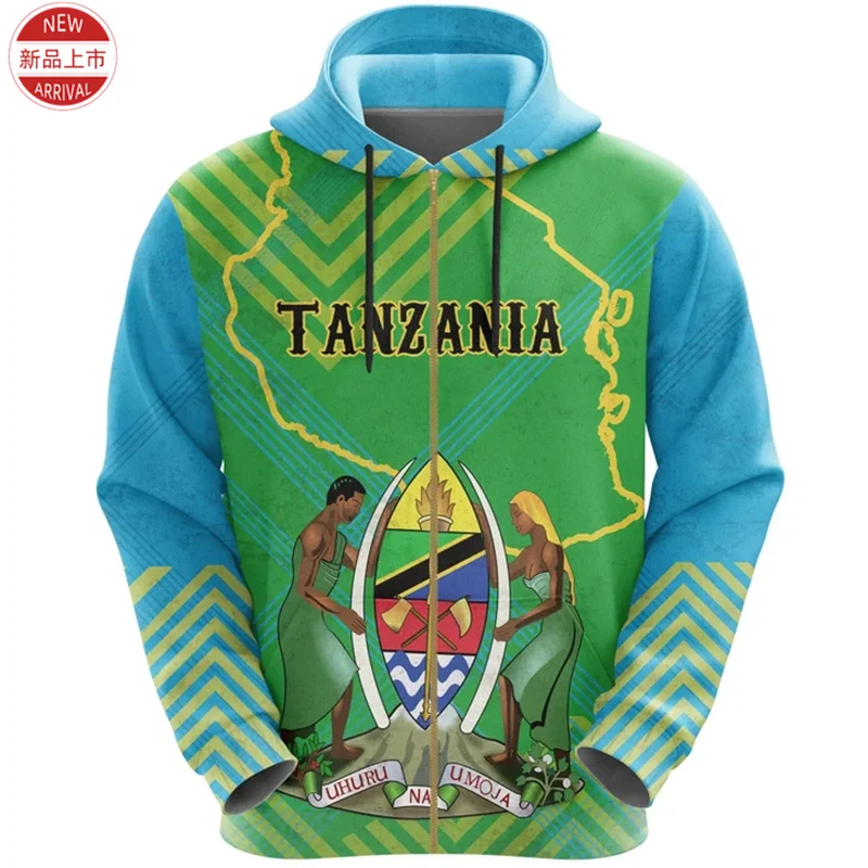 3D Printing Tanzania Coat Of Arms Zip Up Hoodies The United Republic-of Tanzania Flag Map Graphic Zipper Pullovers Mens Clothing