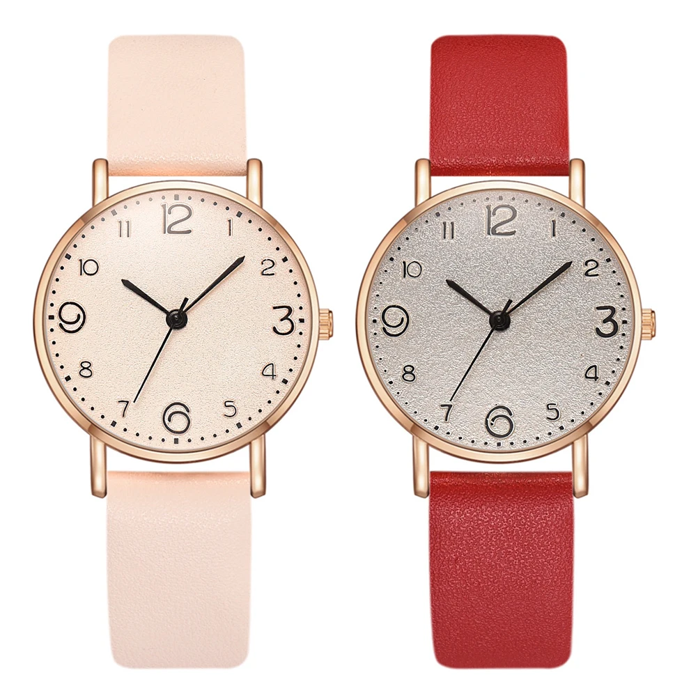 

2 Pcs Women Quartz Watches PU Band Red Beige Classic Fashion Wrist Watch for Female Students Party Gifts
