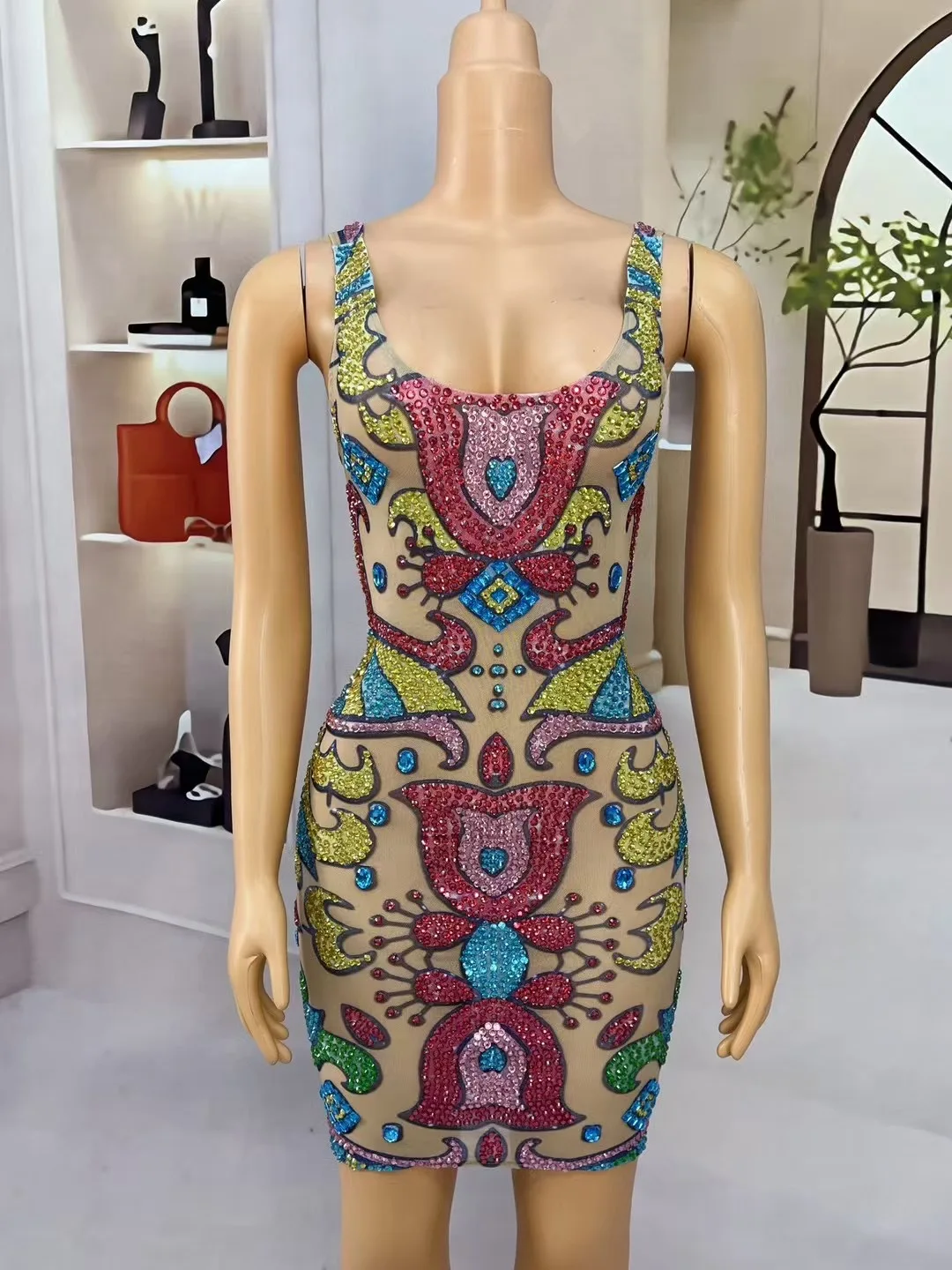 

Women Colorful Crystal Mesh Bodycon Mini Shinny Dress Tank Square Collar High Street Celebrity Evening Club Party Dresses