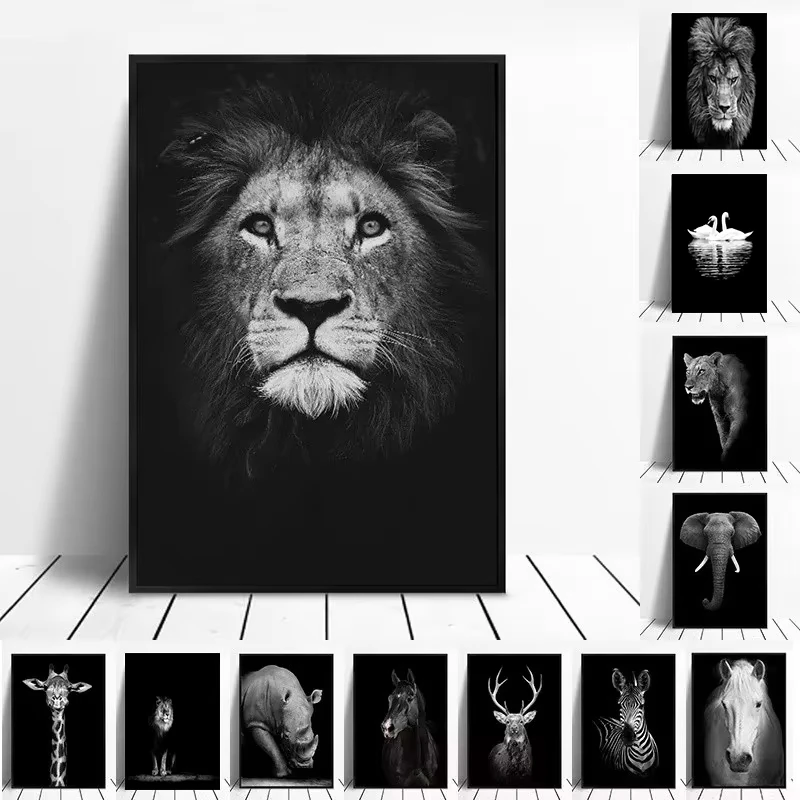 Pintura en lienzo, arte de pared de animales, León, elefante, hipopótamo, cebra, póster y foto minimalista moderna, decoración de pared para sala de estar y dormitorio
