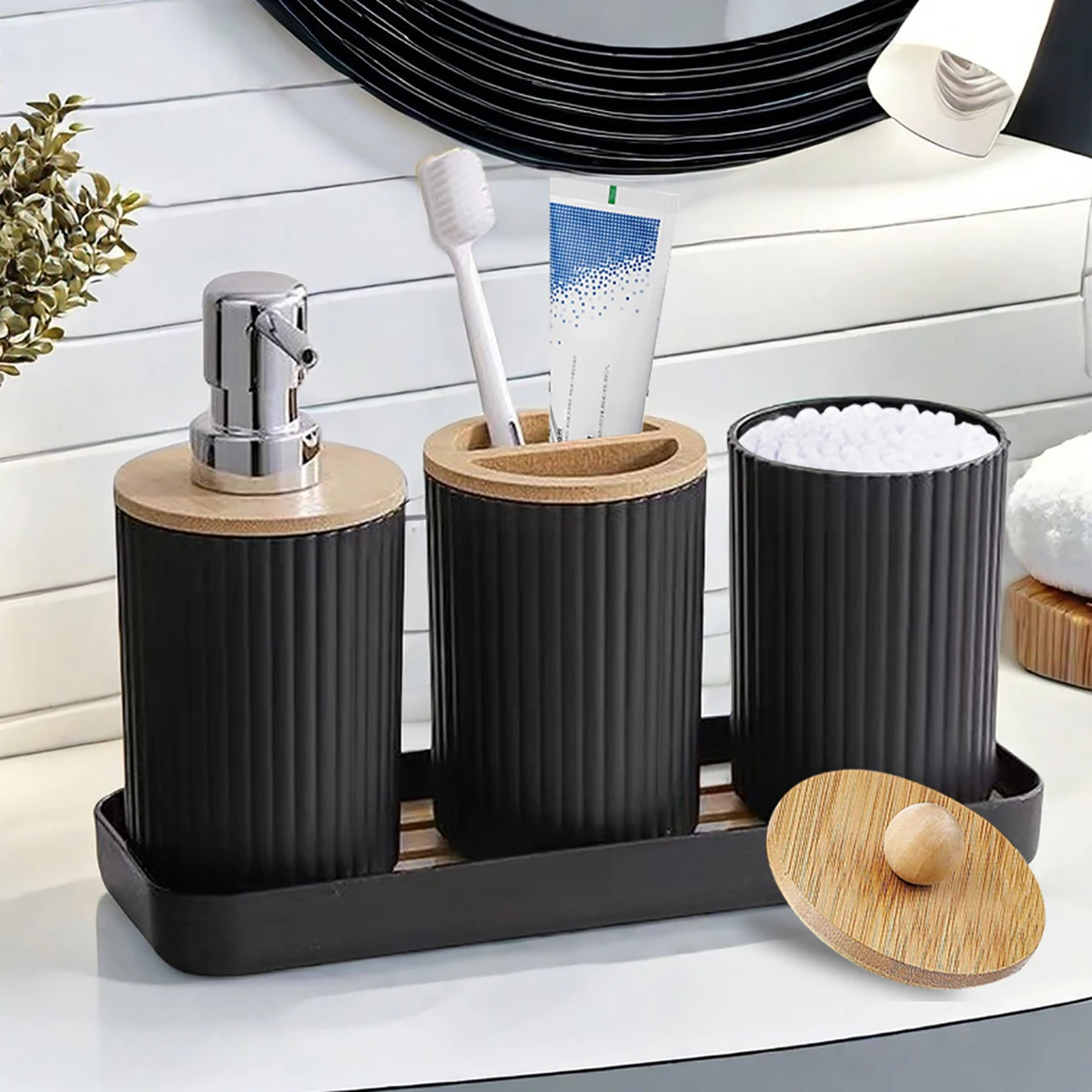 Bathroom Accessories Set Vanity Counter Soap Dispenser Toothbrush Cotton Swab Holder and Tray Set Bathroom Decor Apothecary Jars