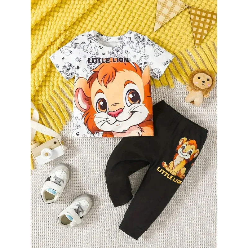 Children's Clothing Set, Casual Cartoon Lion Print Round Neck Short Sleeved T-Shirt Top + Elastic Waist Lion Print Pants Set
