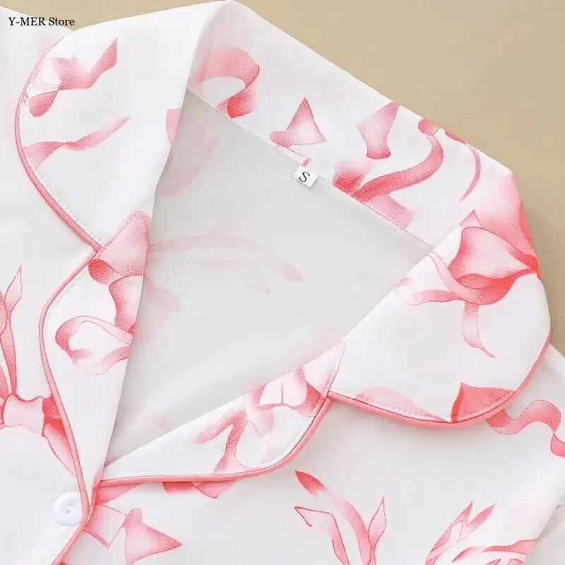 

Женская элегантная одежда для сна, домашняя одежда, милый пижамный костюм с бантом, домашняя одежда, осенне-весенний новый однобортный топ, брюки, 2 шт.