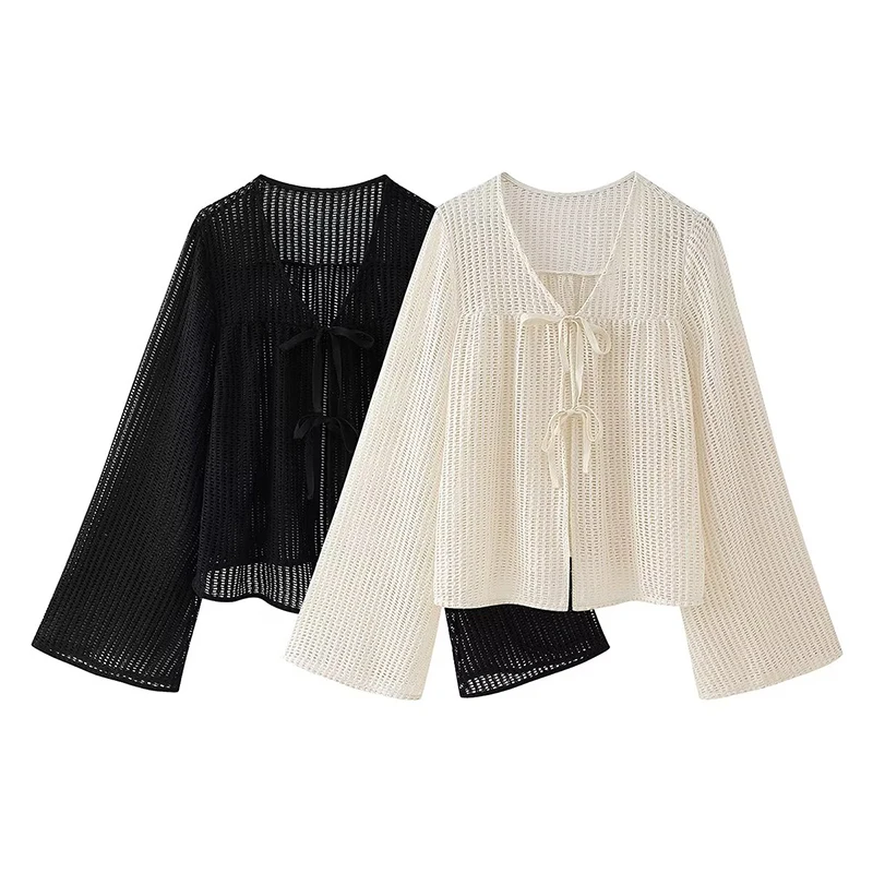 YENKYE New Fashion Women Sexy Hollow Out Lace Up  Knit Cardigan Flare Long Sleeve V Neck Female Summer Tops