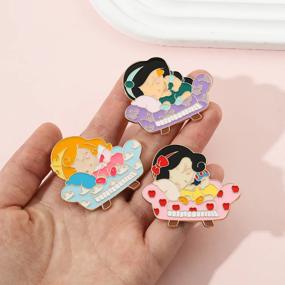 Disney Cartoon Pins Princess Jasmine Sleeping Beauty Snow White Metal Badge Accessories Fashion Girl Clothing Brooches Jewelry