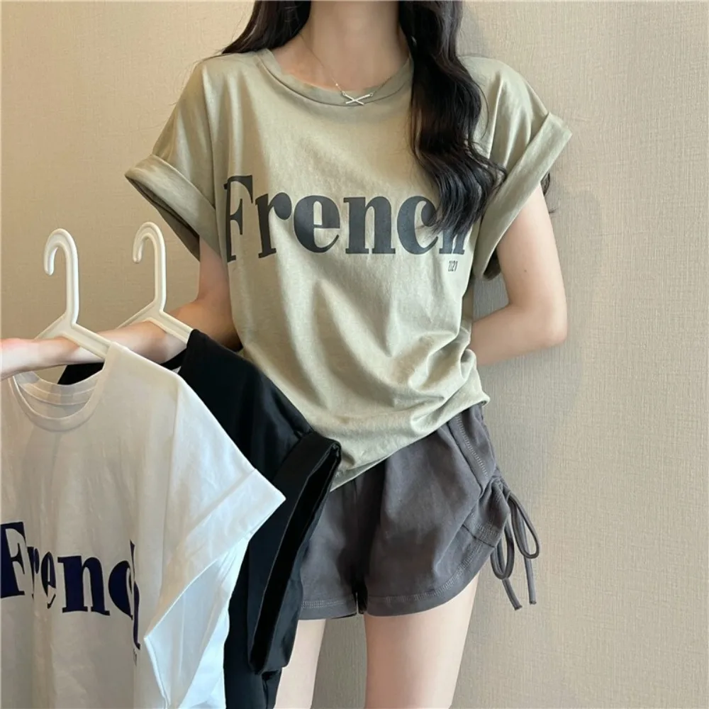 Summer Short-sleeved Drop Shoulder T-shirt Wide Silhouette Print Loose Summer Top Casual Round Neck Rolled Edge Loose Tops Women