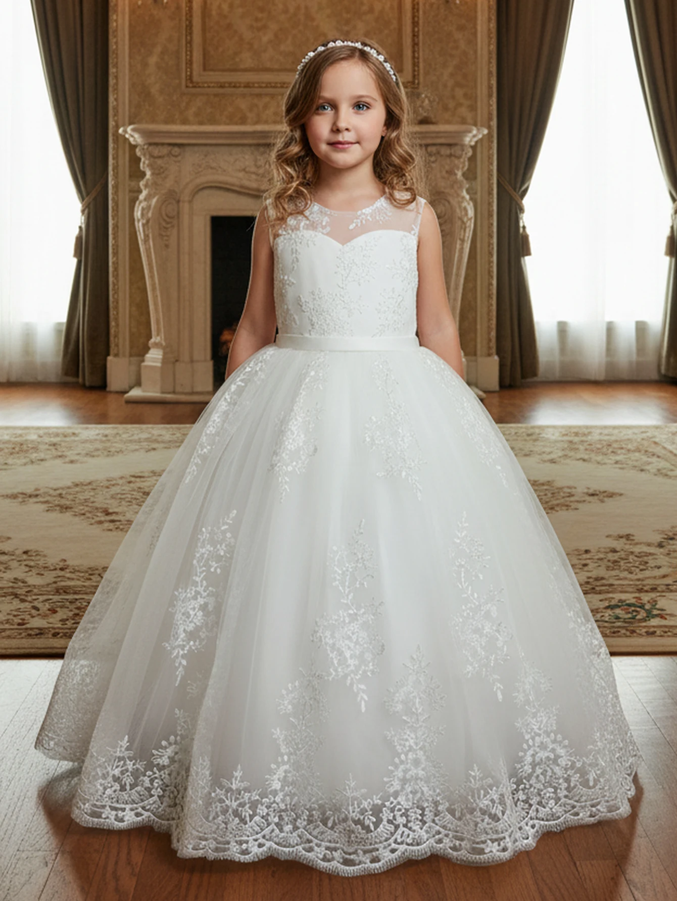 Girls' White Lace Princess Dress - Sleeveless Open-Back Gown for Flower Girl Wedding Pageant & Birthday Party
