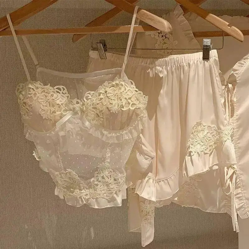 

Palace Vintage Embroider Lace Floral Pamas Set Sexy Sleepwear Satin Cami Top Shorts Pants Pijama Mujer Summer New Lingerie