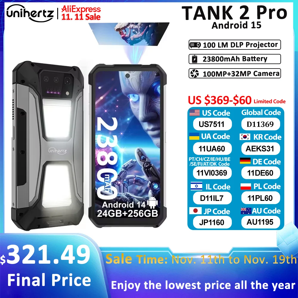Unihertz Tank 2 PRO 8849 Rugged phones with Projector 2.4K 23800 mAh 24GB+512GB Android 14 100MP NFC 120W G99 Octa Core Dual SIM