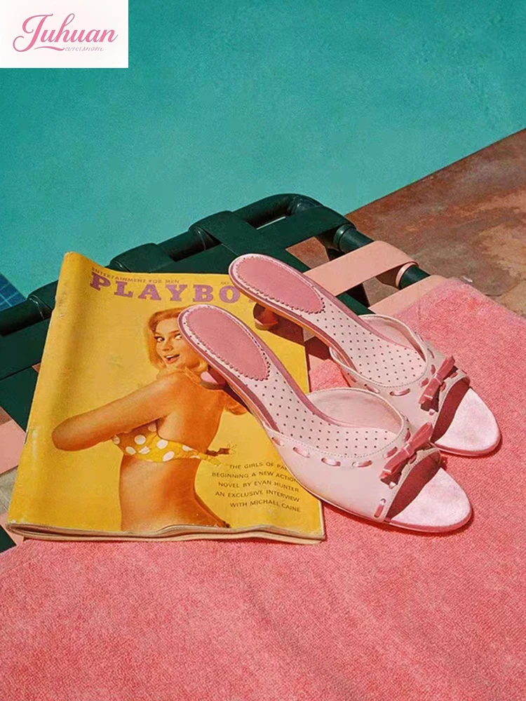 

Summer New European American Satin Printed High Heels Women's Lolita Pink Rear Empty Bag Head Sandals Sweet Fish Mouth Slippers