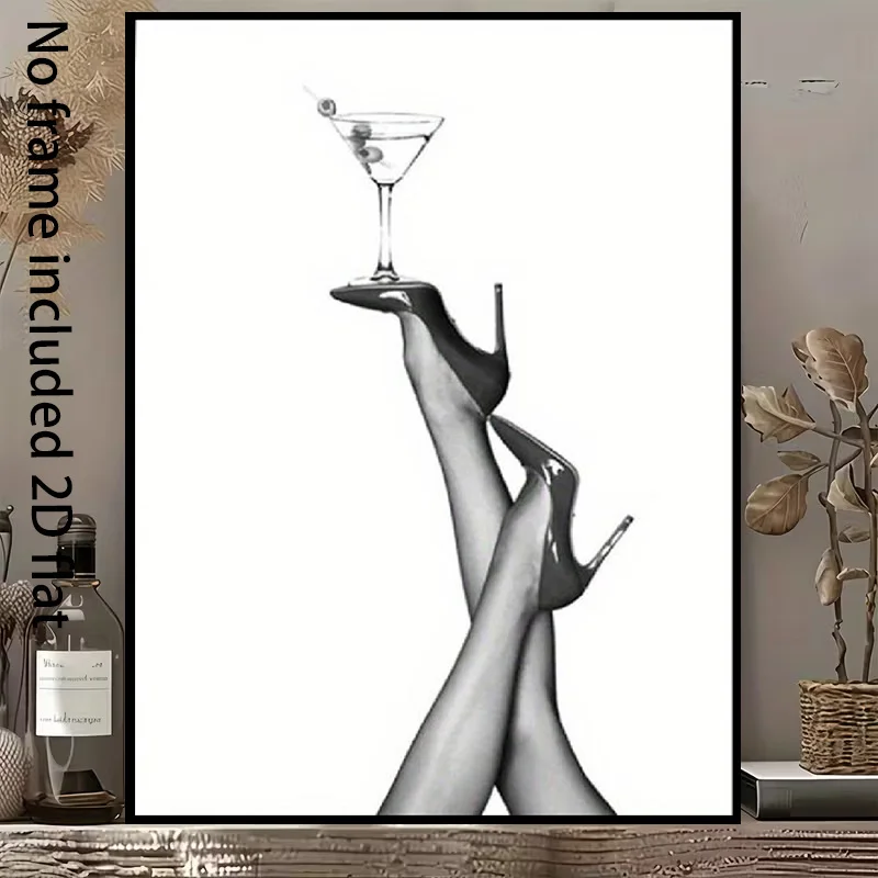 2D Flat, 1pc Vertical Frameless Canvas - Minimalist Black & White High Heels & Martini Glass, Suitable for Spring Summer Deco