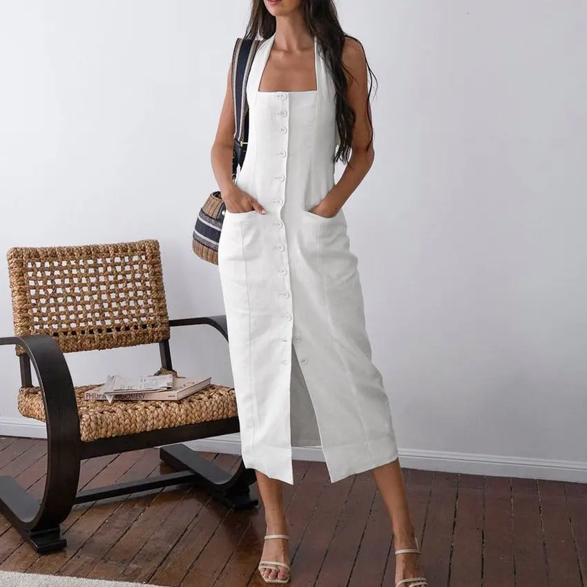 

Женское летнее платье-халтер, элегантный сарафан без рукавов, длинное платье на одной пуговице, сексуальное платье с открытой спиной, модные платья для женщин