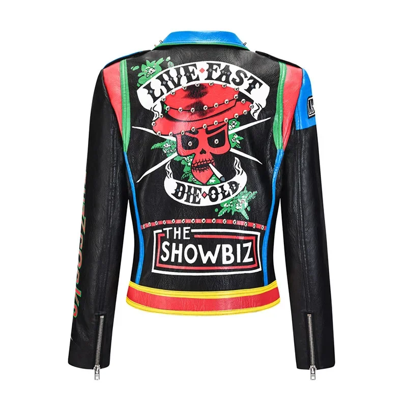 Contrast Graffiti Print Faux Leather Jacket Women 2024 New Streetwear Rock Punk Slim-fit Short Racing Motorcycle Jackets XXXL