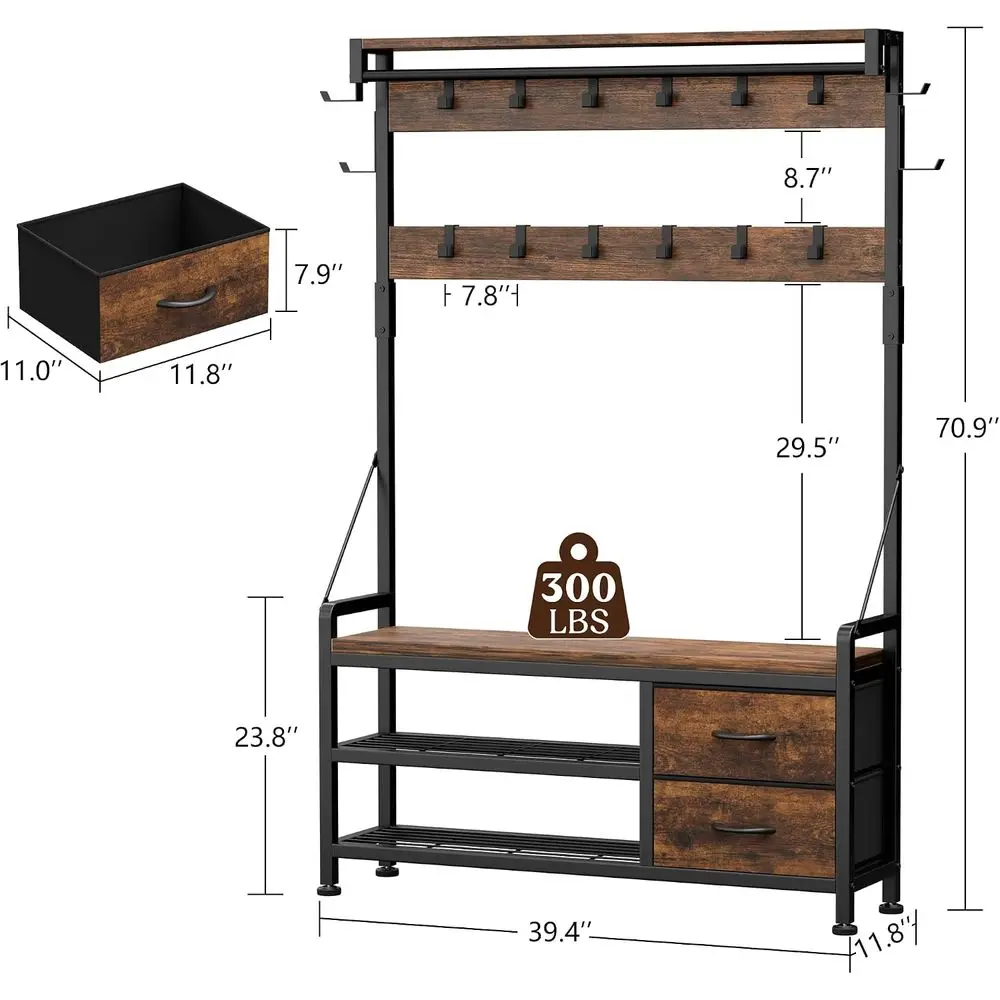 Coat Rack, 39.4” Hall Tree with Shoe Storage Bench, Rustic Brown | 5 in 1 Entryway urniture Organizer, 21 Hooks, 2 abric Ders, H view 5