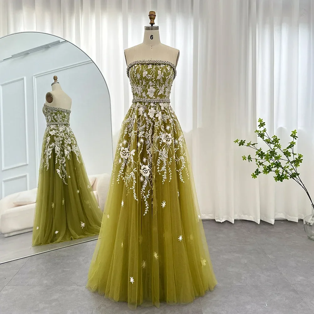 

Elegant Strapless Sleeveless Appliques Evening Dresses Luxury Crystal Floral A-Line Gowns Floor Length Party Evening Dresses