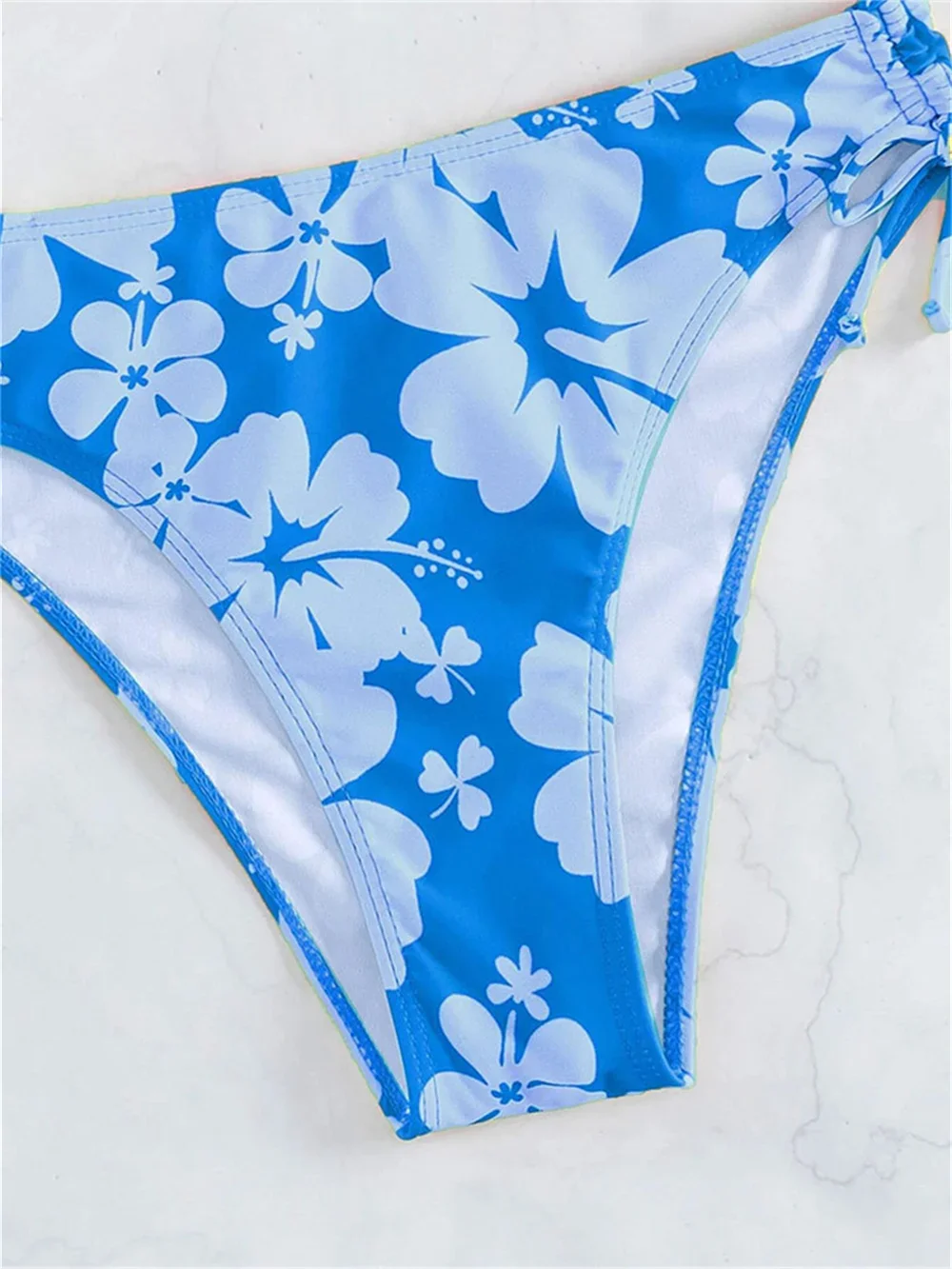 Blue Bikini Floral Swimsuit Halter String Backless Lace Up Tankini Y2K Vacation Swimwear Women Beach Outfit Bathing Suit Biquini