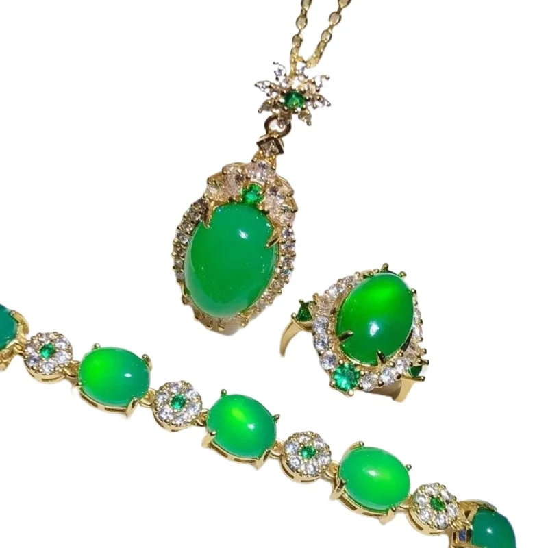 

Natural Emperor Green Chalcedony Three-piece Pendant, Bracelet, Ring, High Ice Egg Surface Chalcedony Silver Inlaid Pendant