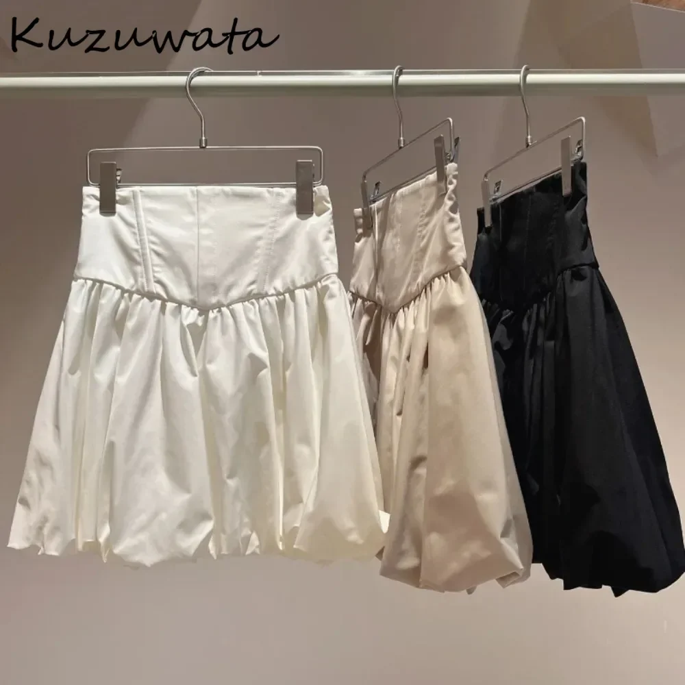 Kuzuwata French Style Bud Slim A-line All-match Skirt Sweet Ruched Literary England Small Fellow Falda Japanese Moda Fresh Falda