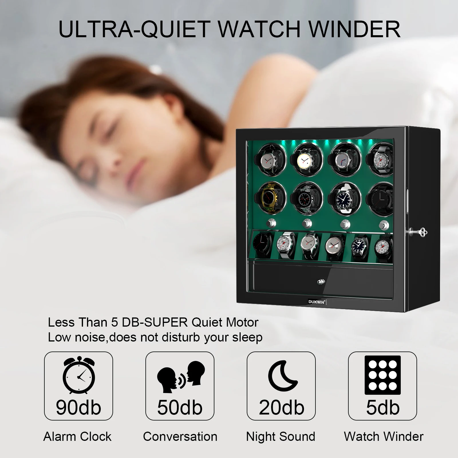 مشاهدة اللفاف لمدة 8 صندوق الساعات التلقائي مع 6 ساعة تخزين عرض مجوهرات جامع Mabuchi موتور براءة اختراع تصميم-أسود